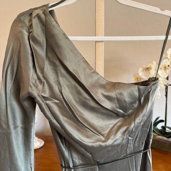 BEC + BRIDGE Classic Silk Asym Midi Dress Green One Shoulder Size 6 - Picture 6 of 12